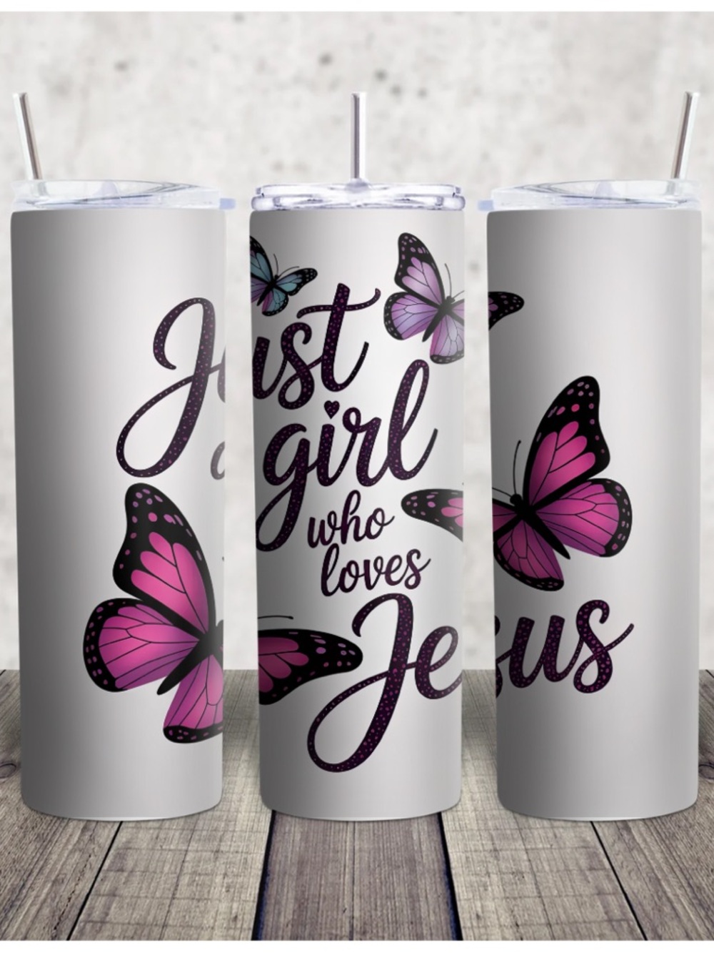 Hand Crafted White Tumbler with Pink & Purple Butterfly Design